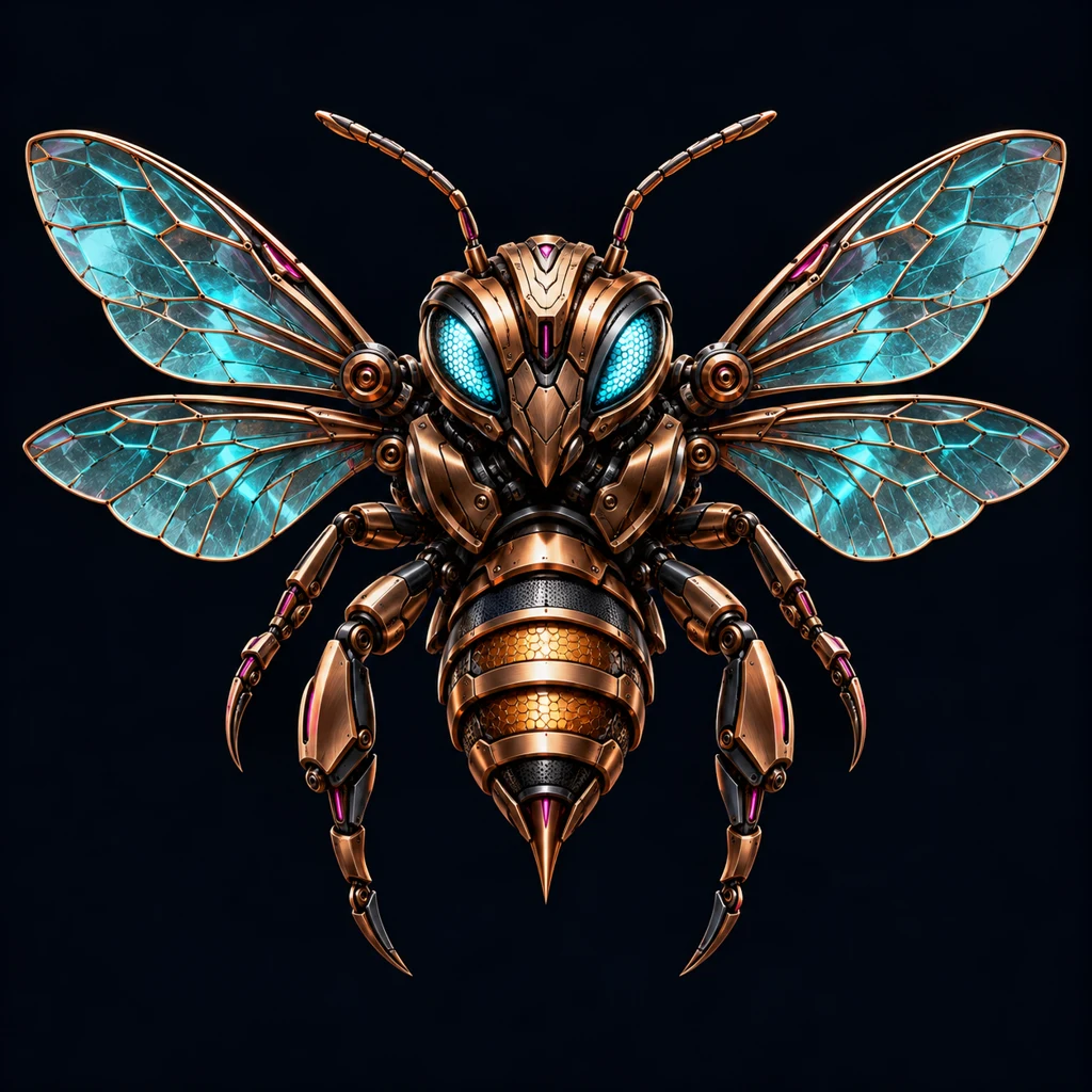 Armoured steampunk bee in bronze with turquoise wings, the SOVA STING emblem